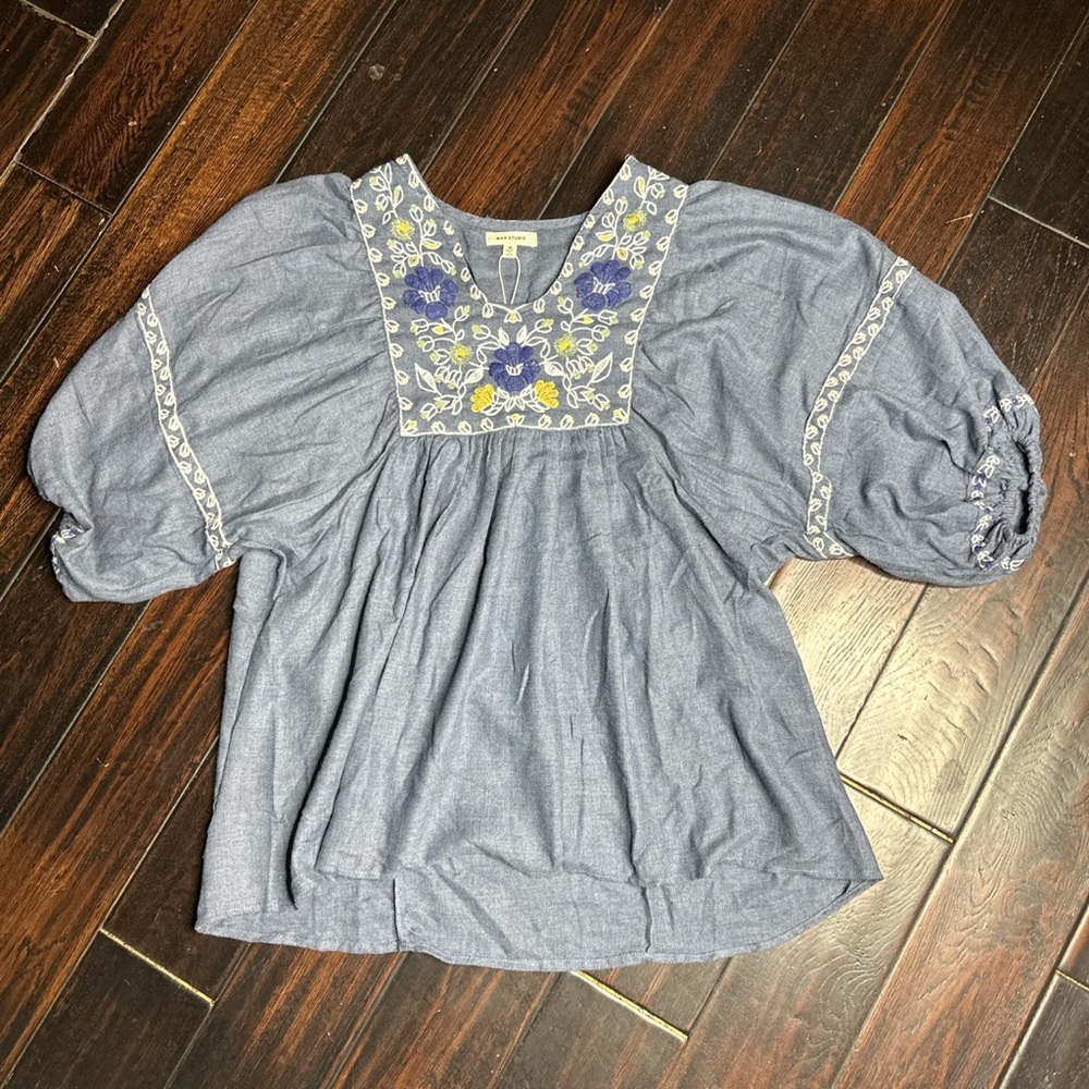 Boho peasant top casual cottage hippie indie embroidered Max Studio